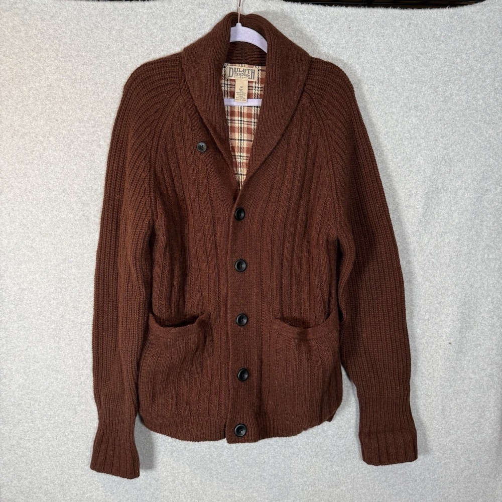 Duluth Trading Co Cardigan Medium Wool Alpaca Plaid Lining Shawl Collar
